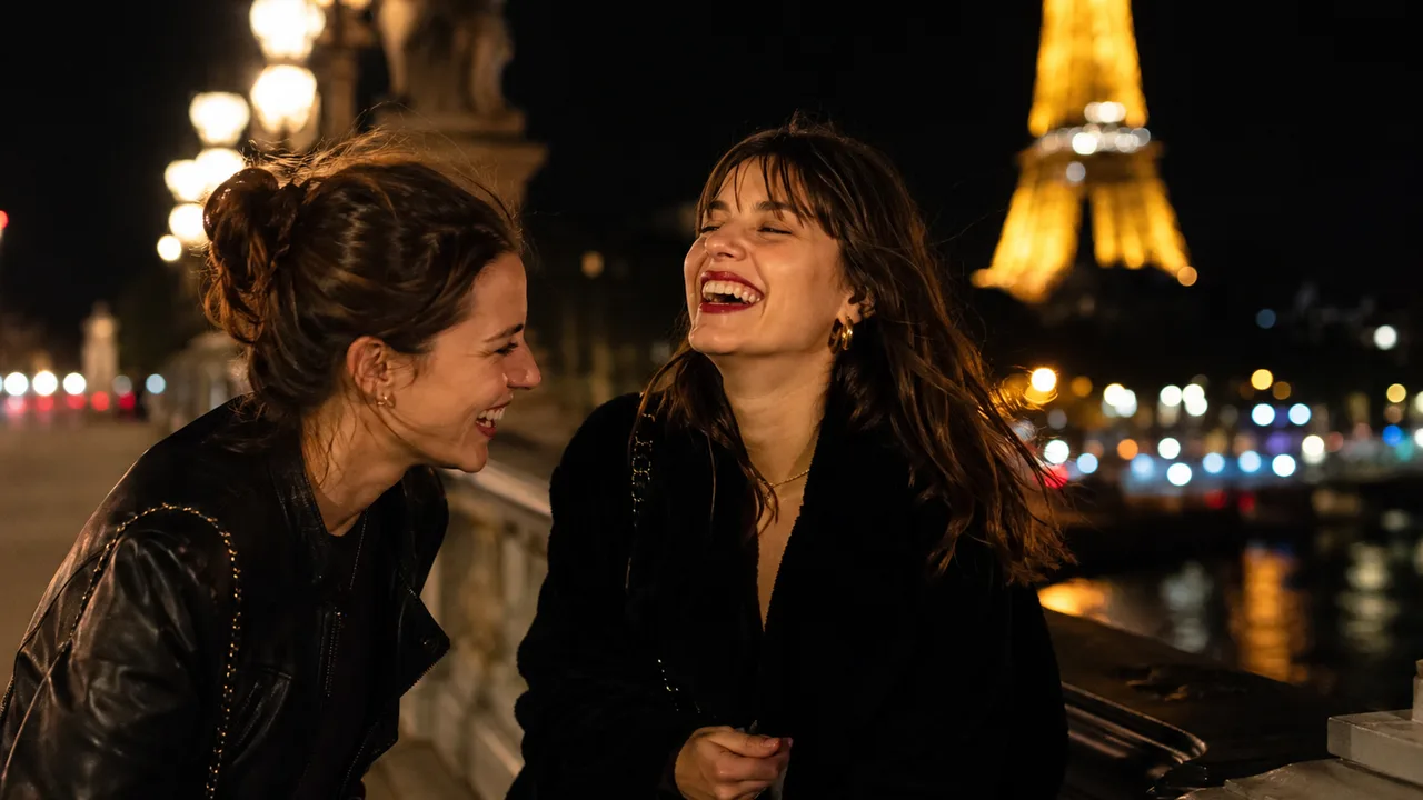Deux couples complices qui rient ensemble lors d'une soirée plan à 4 à Paris